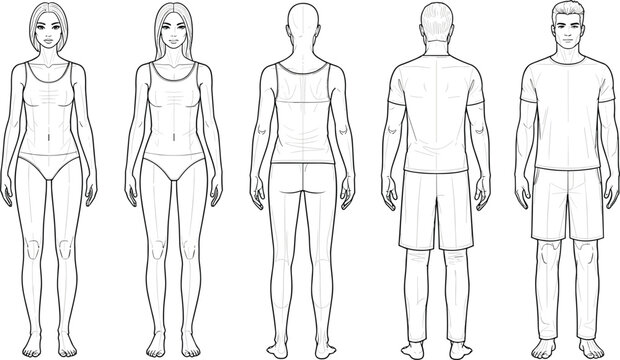 Male and female fashion technical sketch templates showing front and back views for apparel design, vector body outlines for clothing mockups and garment illustration.