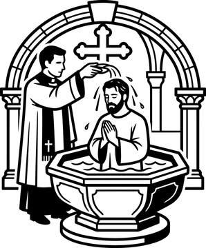 Priest man baptizes another man in a font with water under an arch and cross. Religious ritual or christening concept. Black and white vector illustration