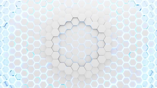 white background, honeycomb pattern sci-fi, neon technology, transformation, transition for high-tech advanced scientific