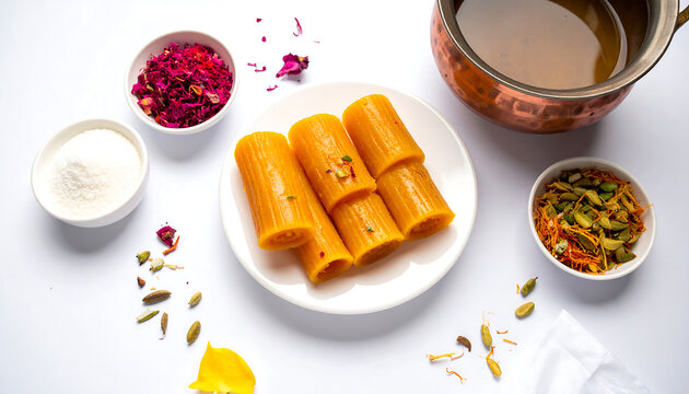 Overhead flat lay of cylindrical Bengali chomchom sweets in light sugar syrup on a white plate