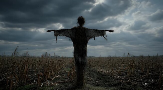 Desolate field with a tattered scarecrow under a dramatic, cloudy sky with sun peeking
