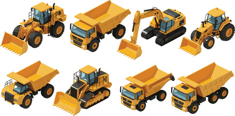 Construction vehicles collection with excavators, dump trucks, loaders and bulldozers, heavy machinery vector illustration set, industrial equipment design, isolated on light background © MstSalema