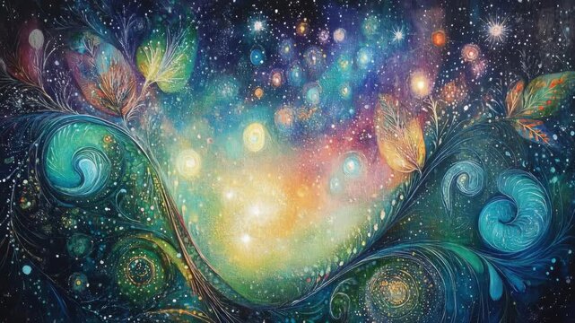 Colorful cosmic journey through abstract dreamscape with swirling patterns and luminous stars