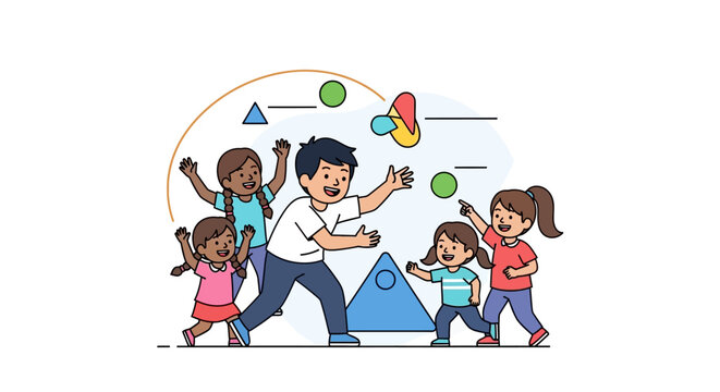 Teacher and children playing with geometric shapes and balls.