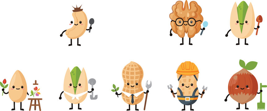 Cute nut characters professions collection including almond walnut peanut pistachio worker artist farmer cartoon vector illustration set