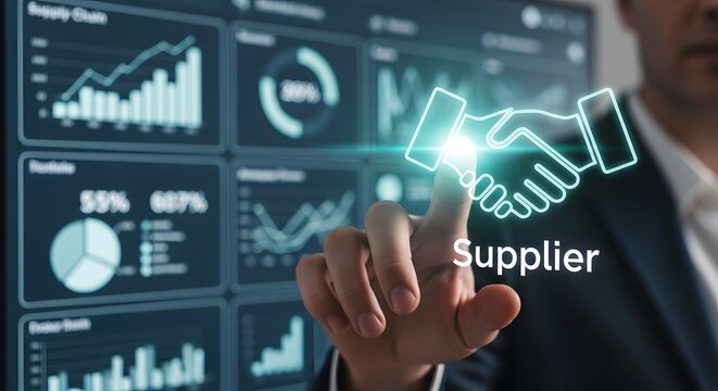 Business concept of Supplier, with charts on the background.
