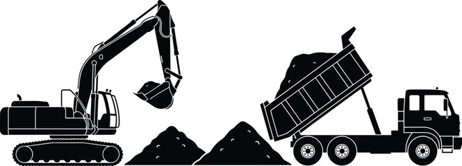 Excavator and dump truck silhouettes with soil piles, construction machinery vector illustration, heavy equipment transport and digging concept, isolated on light background, black design © MstSalema