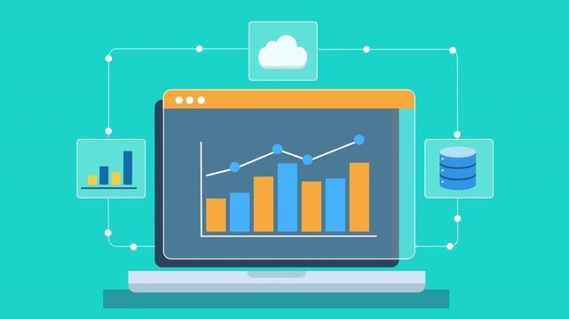 Animated flat illustration of a laptop displaying cloud data analytics dashboard with charts, graphs, and database system on a minimal background.