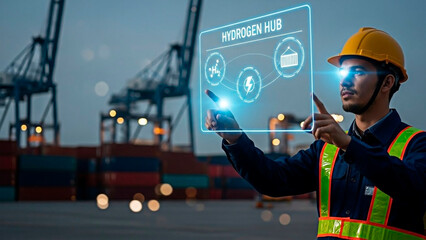 Fototapeta premium Worker using a futuristic screen in port for hydrogen hub concept.