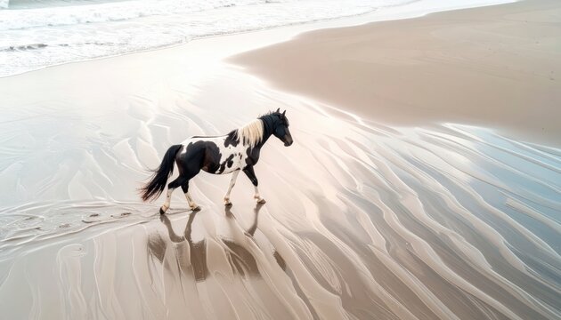 A striking pinto horse walks along a wet sandy beach at sunrise.