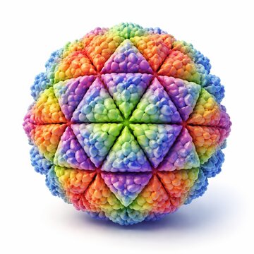 A semi-realistic 3D composition of a virus capsid structure made of repeating triangular protein units forming a spherical shell. With geometric symmetry and vibrant biological colors