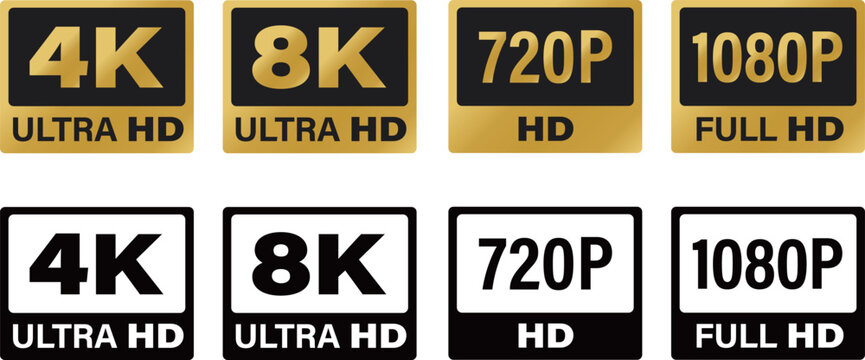 Resolution Icons Set 4K 8K 1080P 720P Video Quality Labels Vector