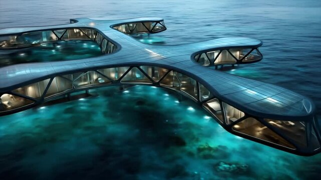 Modern architectural design floating on ocean surface daytime exterior
