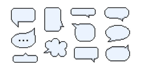 Obraz premium Pixel Art Empty Speech Bubble Message Vector Set. Retro pixelated dialogue boxes in 8 bit style