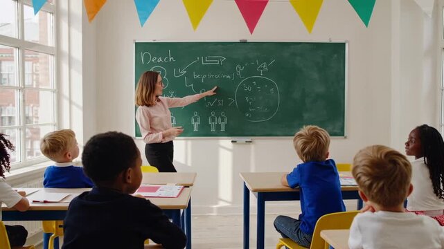 Experienced educator motivating elementary students during collaborative lesson, creating engaging learning environment with interactive teaching strategies