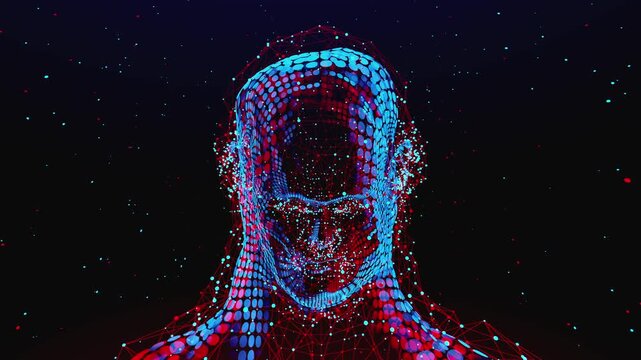 Hypnotic glowing neural network within a geometric face for data science and innovation