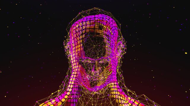 Hypnotic glowing neural network within a geometric face for data science and innovation