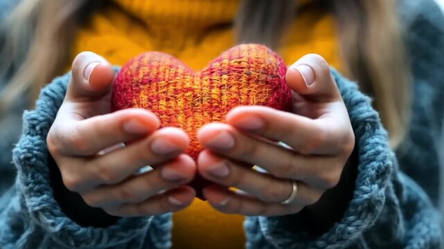 Hands hold a heart-shaped object made of yarn colors orange and red in soft natural light