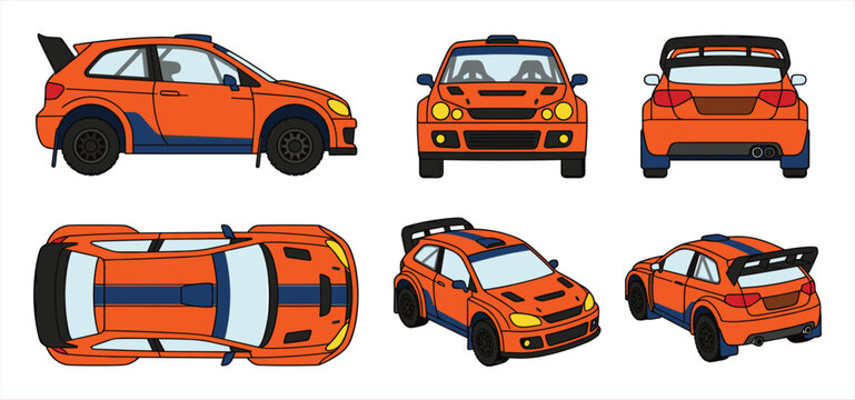 Detailed Vector Illustrations of an Orange Rally Car from Multiple Angles