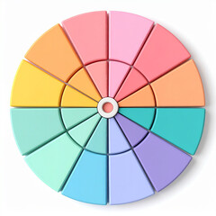 Fototapeta premium The 3D circular diagram in the shape of different-colored pastel segments is aesthetically pleasing. Minimalist illustration for business intelligence, data presentation, strategy and creative plannin