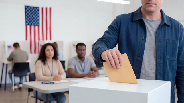 Male voter casting ballot at polling station with multiethnic election workers in background USA, mid shot with focus on the hand and cropped face