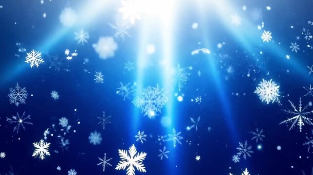 Snowflakes fall gently in a bright winter scene with blue background and sunlight shining