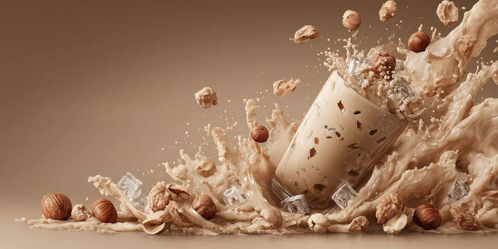 Rich cold coffee milkshake with flying hazelnuts, chocolate pieces and coffee grains, appetizing beverage for branding and packaging