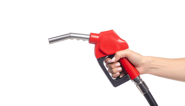 Close-up of a hand holding a red gas nozzle