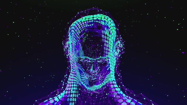 Hypnotic glowing neural network within a geometric face for data science and innovation