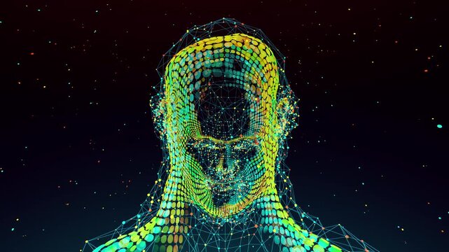 Hypnotic glowing neural network within a geometric face for data science and innovation