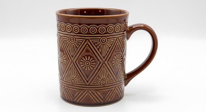 Brown ceramic mug with geometric and floral pattern handle geometric pattern tableware