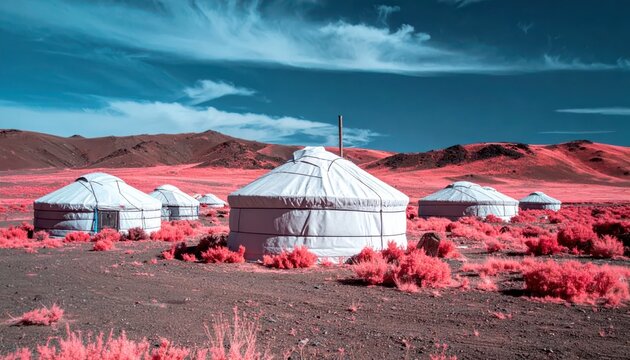 Traditional Mongolian Yurts in a Surreal Infrared Landscape.