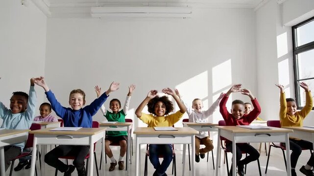 Young learners engaging with lesson, raising hands enthusiastically while seated at classroom desks, representing educational diversity and interactive learning
