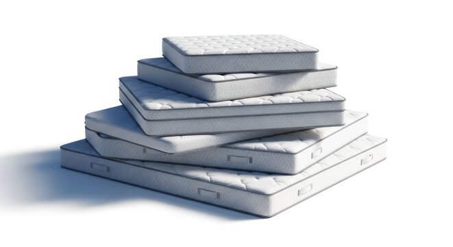 White layered mattress tower, various sizes, on white background