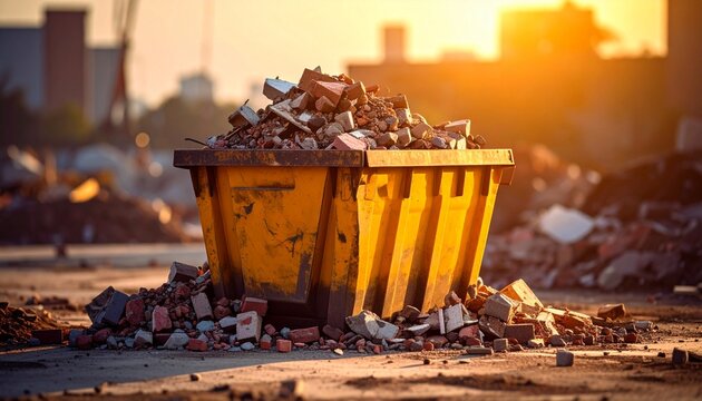 Construction Waste Container Overflowing with Rubble and Bricks under Golden Sunset Light Emphasizing Demolition and Urban Renewal.