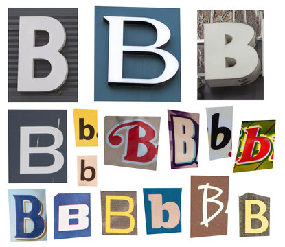 Letter B Collage: Alphabet Typography Signs, Fonts and Graphic Lettering Montage for Design