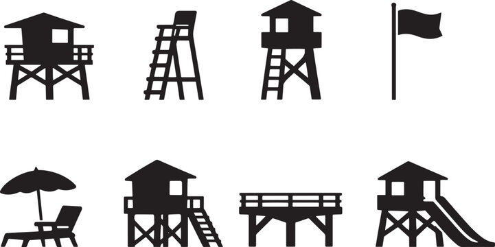 Collection of black silhouette icons featuring lifeguard towers and beach symbols