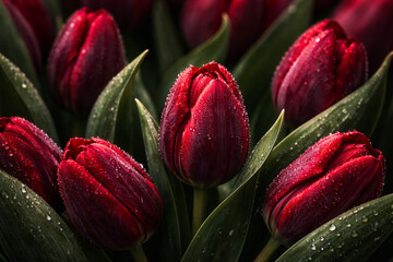 Fototapeta premium Luxury red tulip bouquet macro with dew drops, deep crimson petals and glossy green leaves, moody floral still life on dark background, premium spring romance branding image.