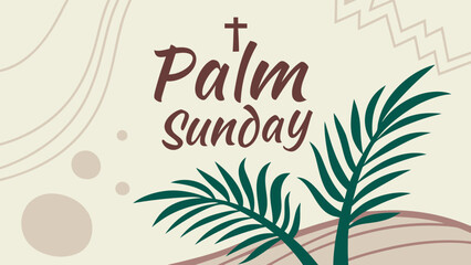 Obraz premium A vibrant illustration depicts 'palm sunday' in red lettering, accompanied by green palm fronds and stylized crosses, evoking religious symbolism. high-quality professional detailed modern elegant