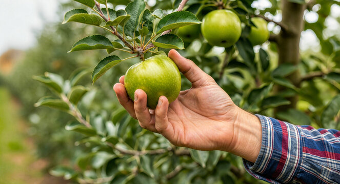 Farmer hand picking a fresh green apple from a tree branch. Organic fruit harvest in an agricultural orchard. Close up of a man in a plaid shirt