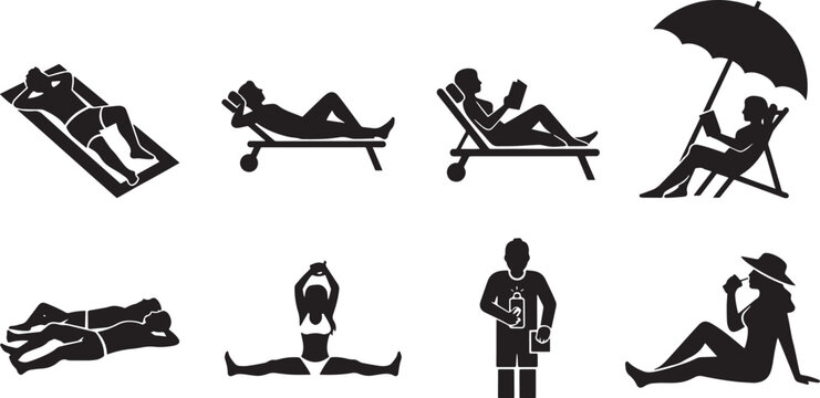Collection of black silhouette icons depicting people relaxing and enjoying leisure time in various summer poses