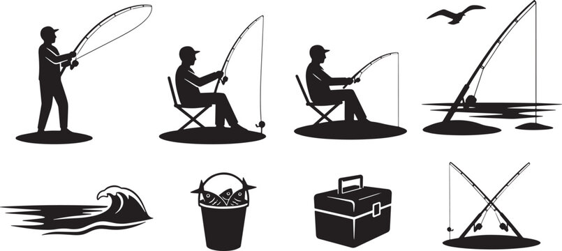 Collection of black silhouette vector icons related to fishing