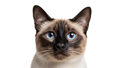 Close up of siamese cat face with blue eyes on white background feline animal