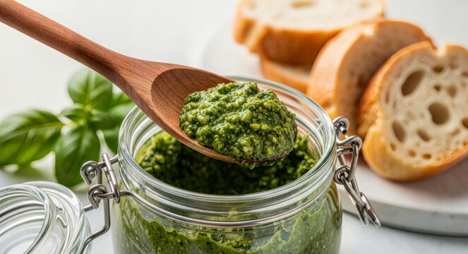 Close up of wooden spoon holding fresh homemade pesto sauce over a glass jar. Traditional Italian green basil spread with bread
