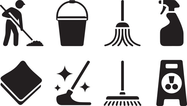 Eight black icons for cleaning supplies and services including man mopping, bucket, broom, spray bottle, cloth, shiny surface, mop, and wet floor sign