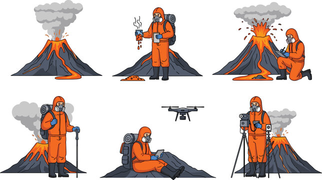 Volcanologist scientist character set exploring erupting volcano with lava, wearing orange protective suit and gas mask for geology vector illustration.