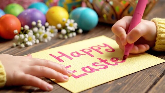 Child Hands Writing Happy Easter Card On Wooden Table With Colorful Eggs, Basket And Small White Flowers Warm Yellow Sweater Sleeve And Pink Marker Create Cozy Homemade Craft Scene