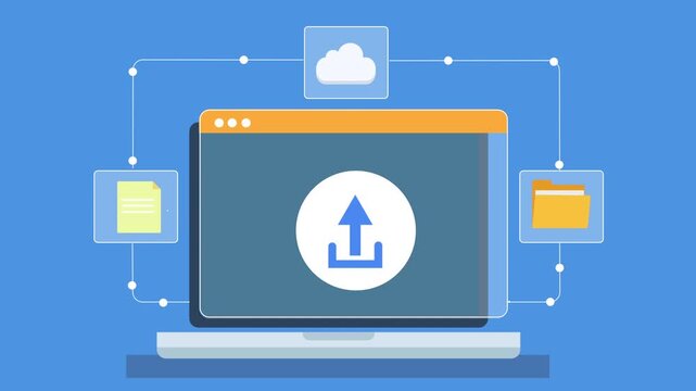 Animated flat illustration of a laptop displaying cloud upload dashboard with data transfer, file management, and server interface on a minimal background.
