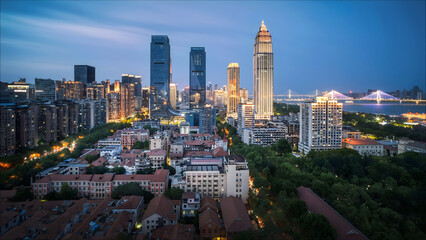Wuhan Skyline at Dusk with Illuminated Skyscrapers and Yangtze River Bridge © DoThi