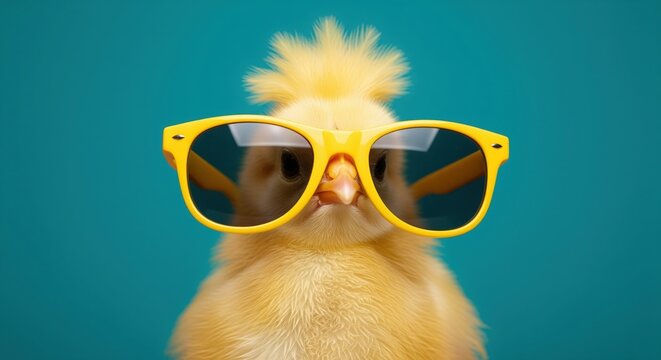 A fluffy yellow chick wearing oversized yellow sunglasses against a bright teal background. The soft, downy feathers and playful expression create a cheerful, humorous scene.